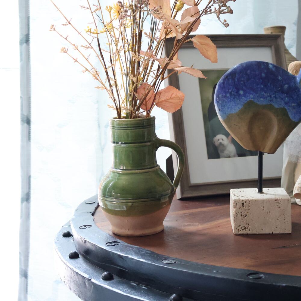 John Hudson Pottery Jug Vtg Yorkshire Green Glaze Earthenware Pitcher Signed 'H'